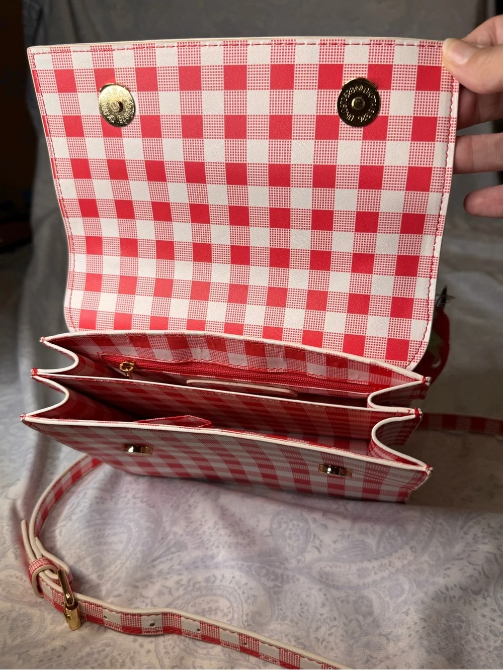 Betsey Johnson White/Red Gingham Strawberry -Handle w/ Removable Crossbody Strap